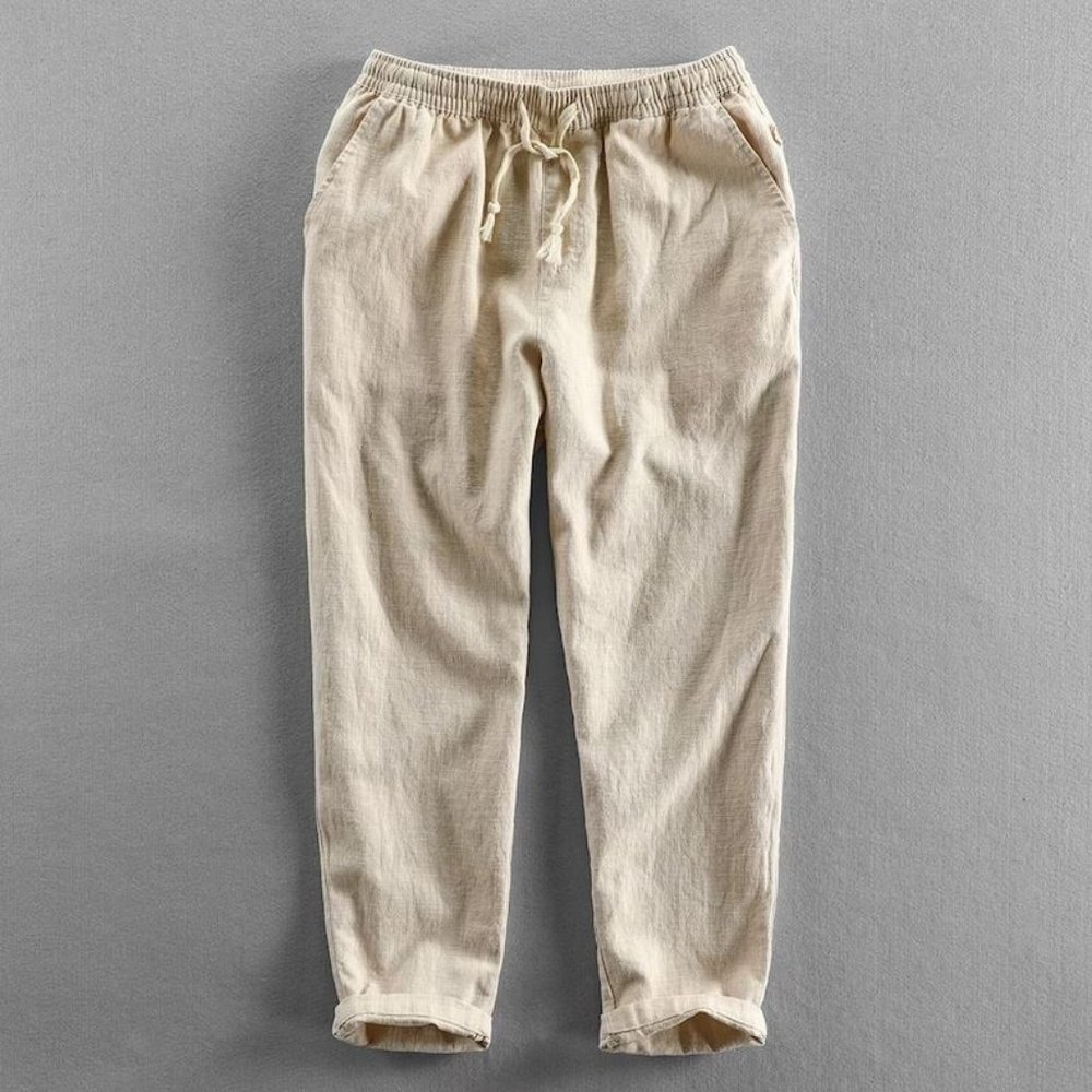 Men's linen pants, summer vintage elastic waistband loose cotton linen pants
